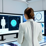 A professional female fashion designer in a modest business suit, intently working in a futuristic, brightly lit design studio. She is interacting with a holographic display showing a 3D model of a garment on a virtual avatar, with complex design data flowing around her. The studio features sleek white surfaces and large interactive screens displaying trend analytics and material simulations. The atmosphere is innovative and forward-thinking, fully clothed, appropriate attire, modest clothing, safe for work, appropriate content, professional, perfect anatomy, correct proportions, natural pose, well-formed hands, proper finger count, natural body proportions, high-quality professional photography.