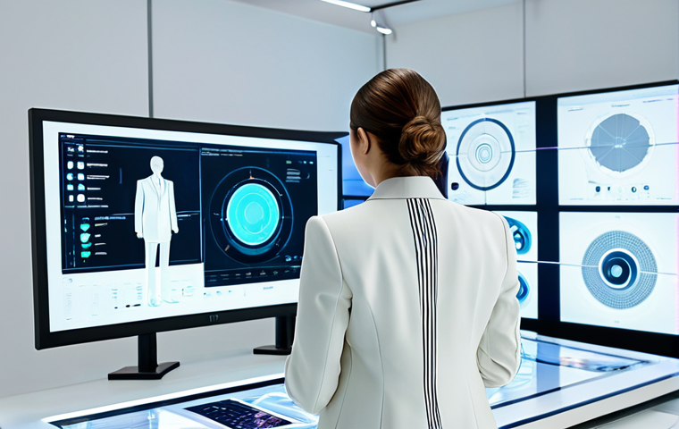 A professional female fashion designer in a modest business suit, intently working in a futuristic, brightly lit design studio. She is interacting with a holographic display showing a 3D model of a garment on a virtual avatar, with complex design data flowing around her. The studio features sleek white surfaces and large interactive screens displaying trend analytics and material simulations. The atmosphere is innovative and forward-thinking, fully clothed, appropriate attire, modest clothing, safe for work, appropriate content, professional, perfect anatomy, correct proportions, natural pose, well-formed hands, proper finger count, natural body proportions, high-quality professional photography.