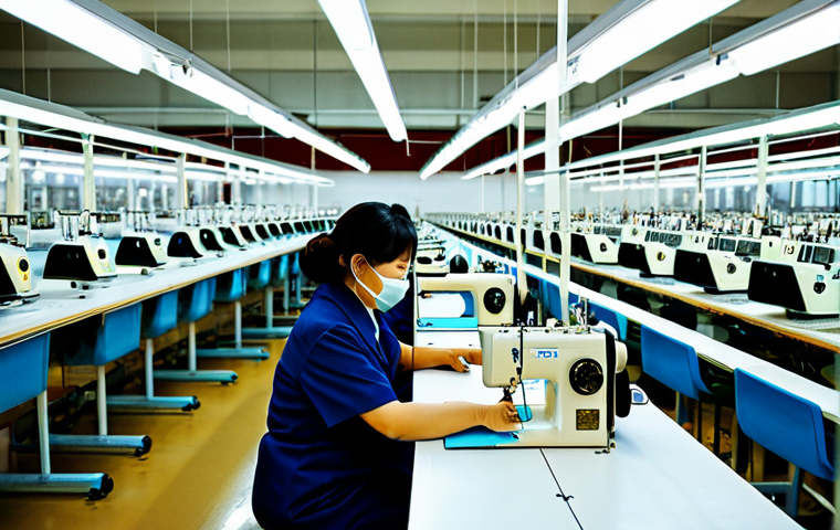 의류기술자의 일상 업무 사례 - Sewing Factory Interior**

"Inside a bright, organized sewing factory in Japan, numerous sewing mach...
