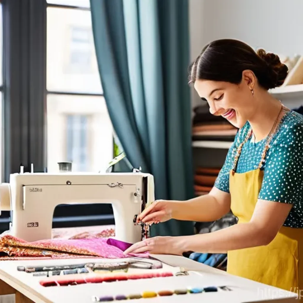의류기술 실습 필수 도구 - **A Passionate Fashion Creator's Workspace:**
A vibrant, sunlit, and elegantly organized creativ...