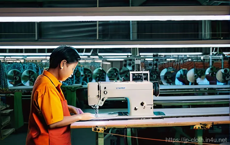 의류 봉제 공장 방문 후기 - **"Vibrant and bustling apparel factory floor during peak production. Sunlight streams through large...