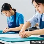 의류기술 교육 프로그램 기획 - A modern textile education classroom scene in Japan, featuring students wearing casual clothing with...