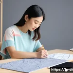 의류기술 경력 개발 로드맵 - A modern Japanese fashion designer in a bright studio, sketching colorful clothing concepts on a dig...