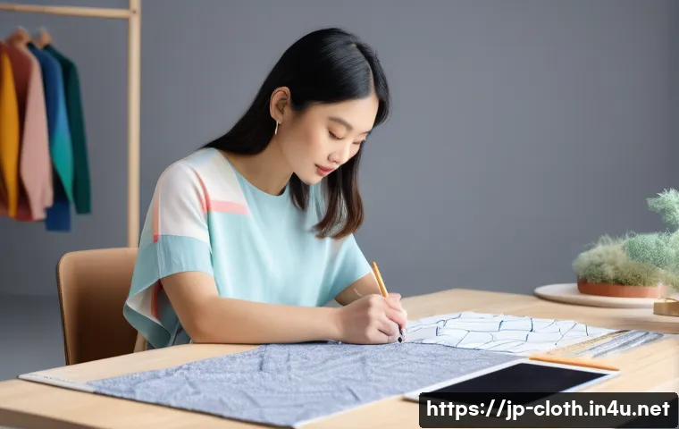 의류기술 경력 개발 로드맵 - A modern Japanese fashion designer in a bright studio, sketching colorful clothing concepts on a dig...