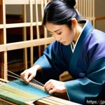 의류기술의 역사와 발전 과정 - A traditional Japanese artisan workshop scene showing a skilled craftsman carefully hand-weaving col...