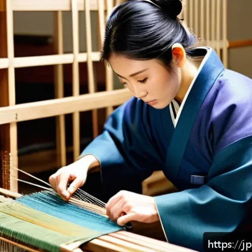 의류기술의 역사와 발전 과정 - A traditional Japanese artisan workshop scene showing a skilled craftsman carefully hand-weaving col...