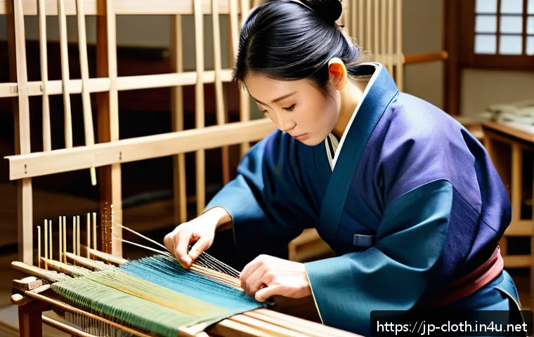 의류기술의 역사와 발전 과정 - A traditional Japanese artisan workshop scene showing a skilled craftsman carefully hand-weaving col...