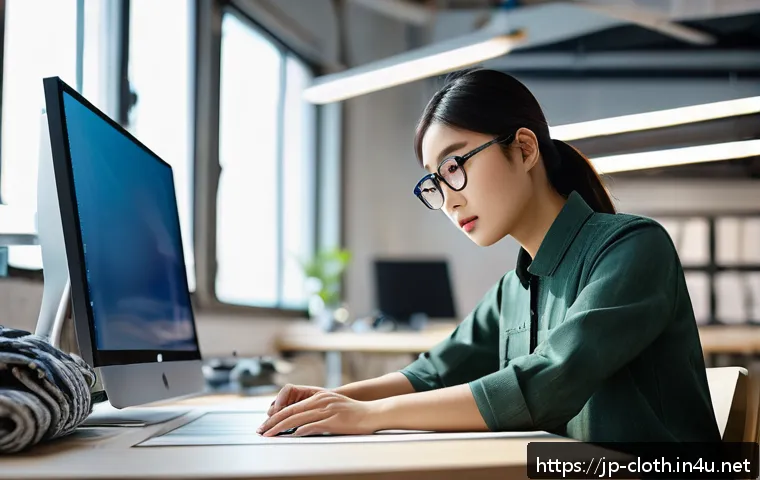 의류기술 직업의 장단점 - A modern apparel technician workspace scene showing a young Japanese professional woman wearing smar...