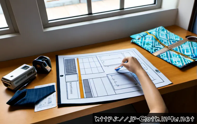 의류기술 학습을 위한 무료 리소스 - Photorealistic overhead view of a neatly organized clothing technology learning workspace, adult stu...