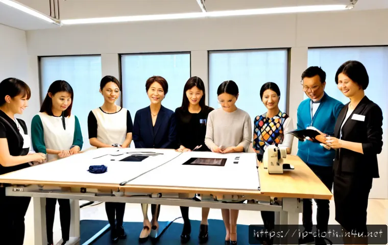 의류기술 학습 커뮤니티 추천 - Photorealistic modern apparel technology learning workshop in Japan, diverse adult learners gathered...