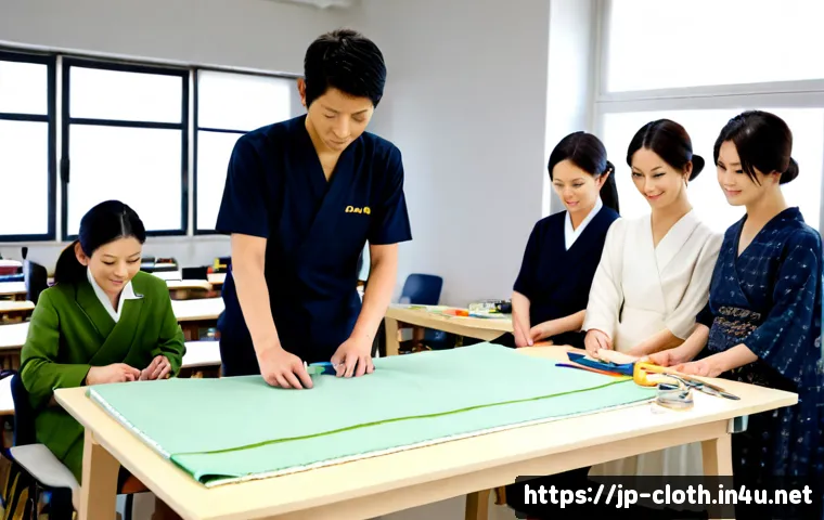 의류기술 강사 되는 방법 - Photorealistic vocational fashion technology classroom in Japan, a skilled adult instructor demonstr...