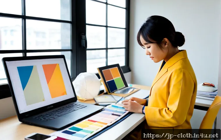 의류기술 이직 준비 체크리스트 - Photorealistic Japanese apparel technologist preparing for a career change at a bright organized stu...